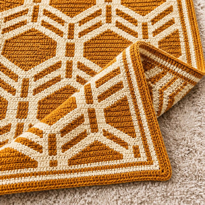 May include: A rectangular crochet blanket featuring a geometric pattern of mustard yellow and cream white interlocking hexagons. The fabric has a dense, textured stitch construction with a folded corner revealing the reverse side.