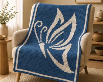 Butterfly Mosaic Crochet Blanket Pattern, Easy Overlay Mosaic Throw Chart, 2 Color Afghan Pattern, Beginner Crochet PDF, Modern Home Decor