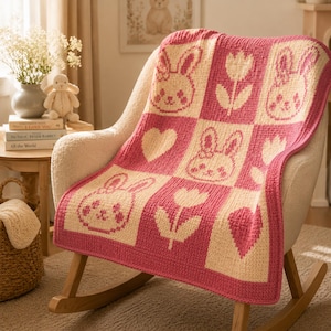 May include: A pink and cream-colored crochet blanket with a repeating pattern of bunnies, hearts, and flowers. The blanket is draped over a cream-colored rocking chair. The blanket's border is a solid pink color.