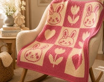 Bunny Mosaic Crochet Pattern Baby Blanket PDF, Tulip Afghan Pattern, Beginner Overlay Mosaic Crochet, Nursery Decor, Girl Baby Gift DIY