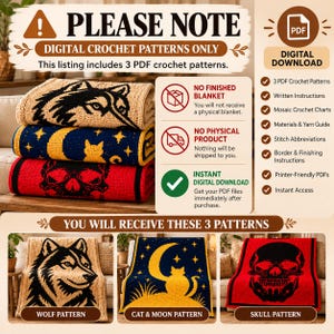 May include: A digital download listing for three crochet patterns featuring a wolf, a cat with a moon, and a skull. The image displays text stating PLEASE NOTE DIGITAL CROCHET PATTERNS ONLY and shows three folded blankets in beige, blue, and red.