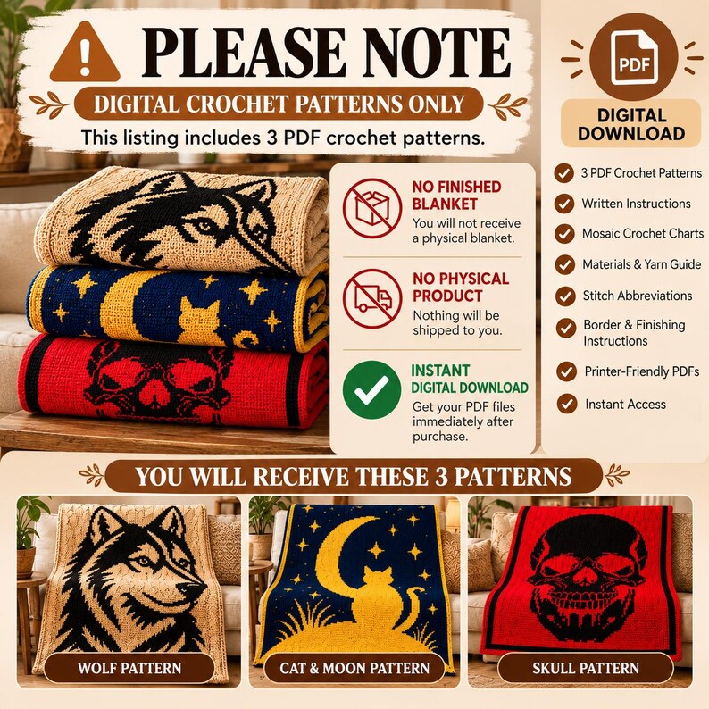 May include: A digital download listing for three crochet patterns featuring a wolf, a cat with a moon, and a skull. The image displays text stating PLEASE NOTE DIGITAL CROCHET PATTERNS ONLY and shows three folded blankets in beige, blue, and red.