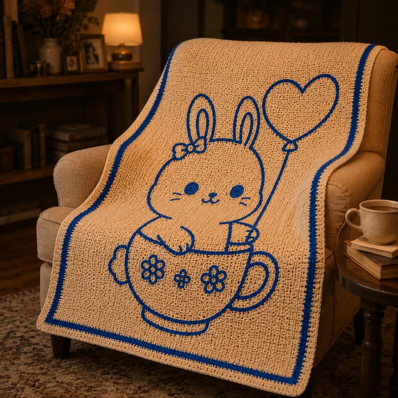 May include: A beige crocheted blanket featuring a blue outline of a bunny holding a heart-shaped balloon, sitting in a teacup with floral designs. The blanket has a blue border and is draped over a beige armchair.