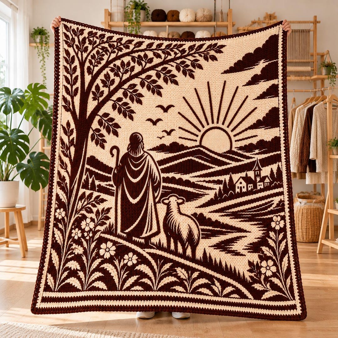 Shepherd and lamb pastoral landscape mosaic crochet blanket pattern