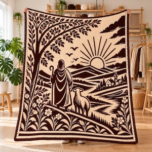 May include: A rectangular crochet blanket featuring a dark brown and cream landscape scene. The design depicts a shepherd with a staff and a sheep standing under a large tree, overlooking a valley with a rising sun, hills, and a small village.