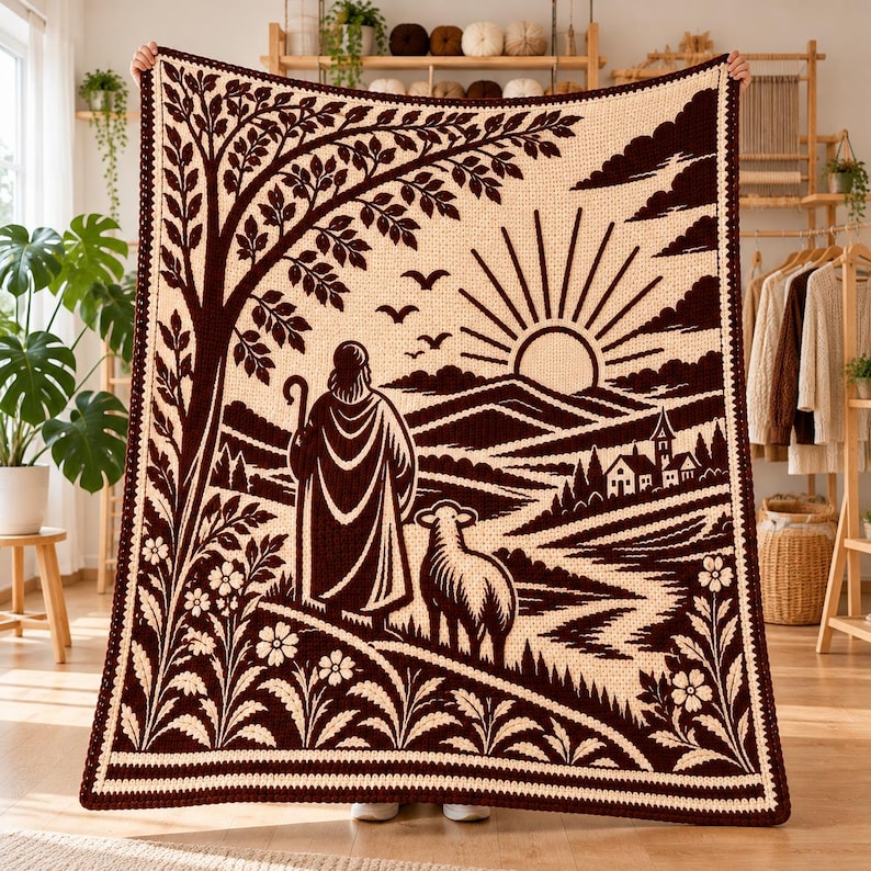 May include: A rectangular crochet blanket featuring a dark brown and cream landscape scene. The design depicts a shepherd with a staff and a sheep standing under a large tree, overlooking a valley with a rising sun, hills, and a small village.