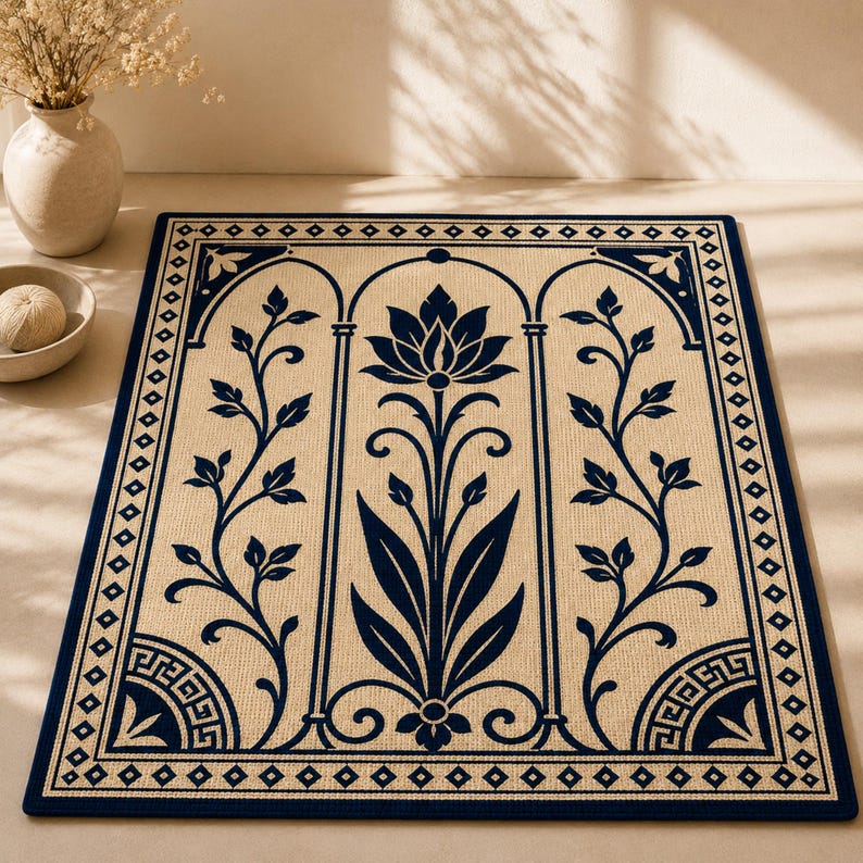 May include: A rectangular beige rug with a navy blue border and a central floral design. The rug features a navy blue lotus flower and stylized vines within arched frames. The border has geometric patterns.