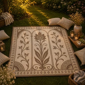 May include: A beige and brown outdoor rug with a floral design and arched panels. The rectangular rug features a central floral motif and decorative borders. Pillows and a picnic basket are nearby.