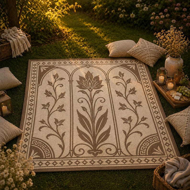 May include: A beige and brown outdoor rug with a floral design and arched panels. The rectangular rug features a central floral motif and decorative borders. Pillows and a picnic basket are nearby.