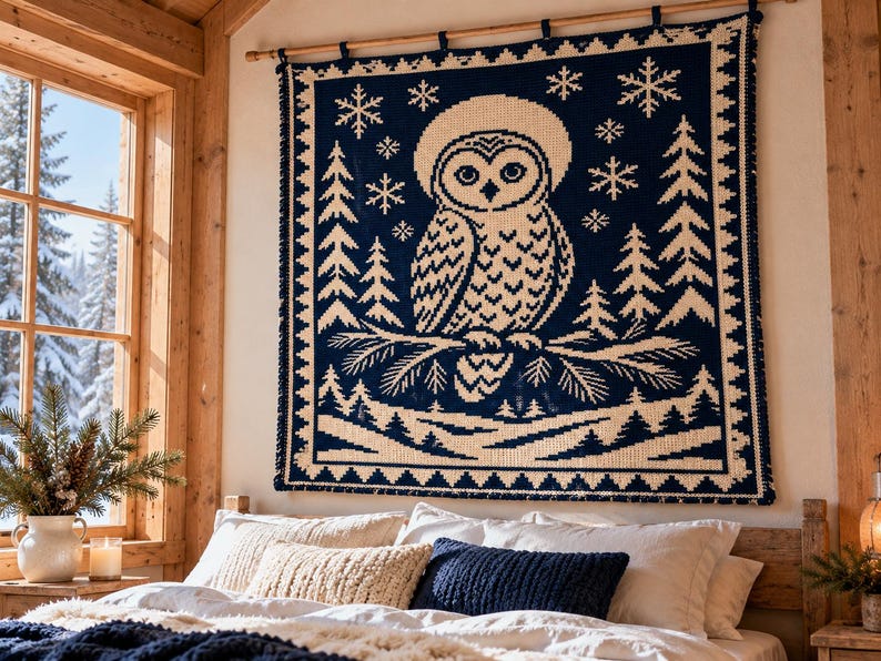 May include: A square wall hanging featuring a dark blue and cream knit pattern of an owl perched on a pine branch. The design includes surrounding pine trees and snowflakes, finished with a decorative border and hung from a wooden rod.