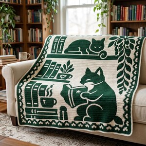 May include: A cream-colored crochet blanket featuring a dark green pattern of cats, stacks of books, a potted plant, and a steaming mug. The design includes a cat resting on a shelf and another cat reading a book, all framed by a decorative border.