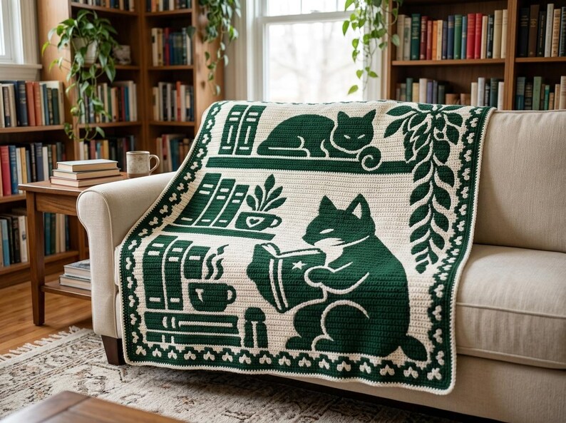 May include: A cream-colored crochet blanket featuring a dark green pattern of cats, stacks of books, a potted plant, and a steaming mug. The design includes a cat resting on a shelf and another cat reading a book, all framed by a decorative border.