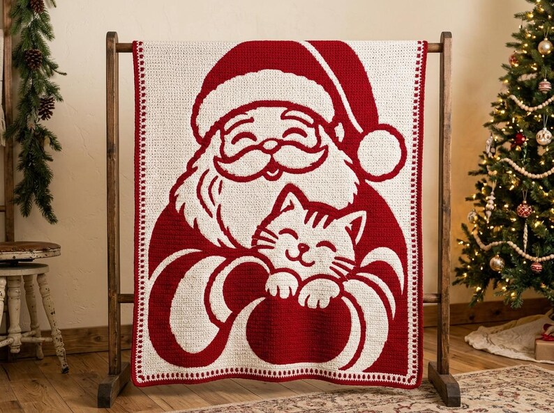 Santa Crochet Blanket Pattern, Christmas Cat Mosaic PDF image 4