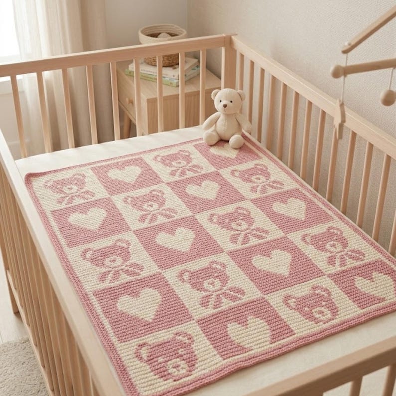May include: A pink and cream-colored baby blanket with a teddy bear and heart pattern. The blanket is placed in a wooden crib with a stuffed teddy bear. The blanket is made of a soft material and is likely handmade.
