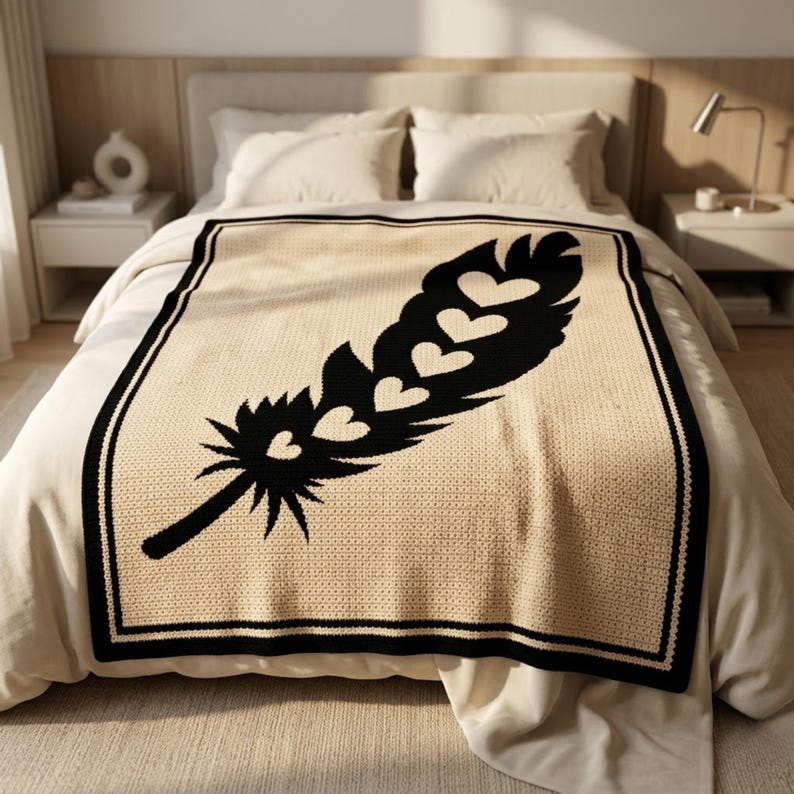 May include: A cream-coloured knitted blanket with a large black feather design featuring heart-shaped cutouts. The blanket has a black border and is displayed on a bed with white bedding. The overall theme is home decor.
