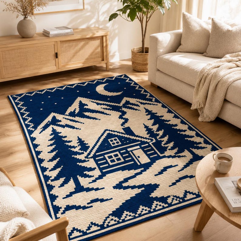 May include: A rectangular area rug featuring a two-tone navy blue and cream pixelated landscape design. The pattern depicts a cabin nestled among pine trees with a mountain range in the background, a crescent moon, and stars in the night sky.