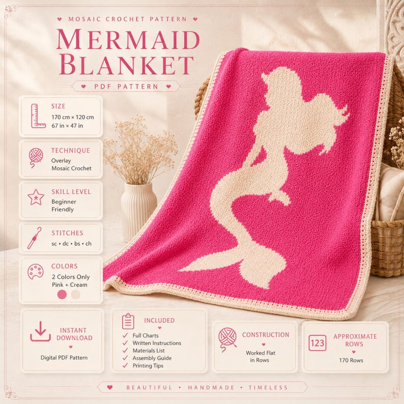 May include: A pink and cream mosaic crochet pattern for a mermaid blanket. The blanket measures 67 inches by 47 inches. The pattern includes full charts, written instructions, and a materials list. The skill level is beginner friendly.