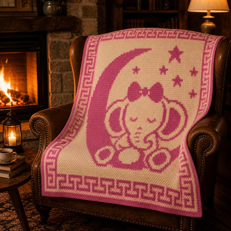 May include: A pink and cream-colored baby blanket with an elephant design. The blanket features a pink elephant sitting on a crescent moon, surrounded by stars. The border has a Greek key pattern.