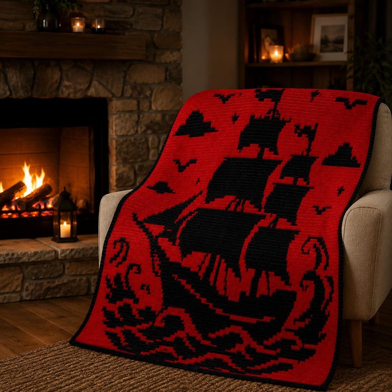 May include: A rectangular crochet blanket featuring a bold red background with a large black pixelated sailing ship design. The ship is depicted amidst black waves, with black clouds, birds, and stars scattered across the red field.