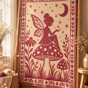 May include: A rectangular crochet blanket featuring a dark red and cream color scheme. The design depicts a fairy sitting on a large mushroom, surrounded by smaller mushrooms, flowers, and a crescent moon with stars, all within a floral border.