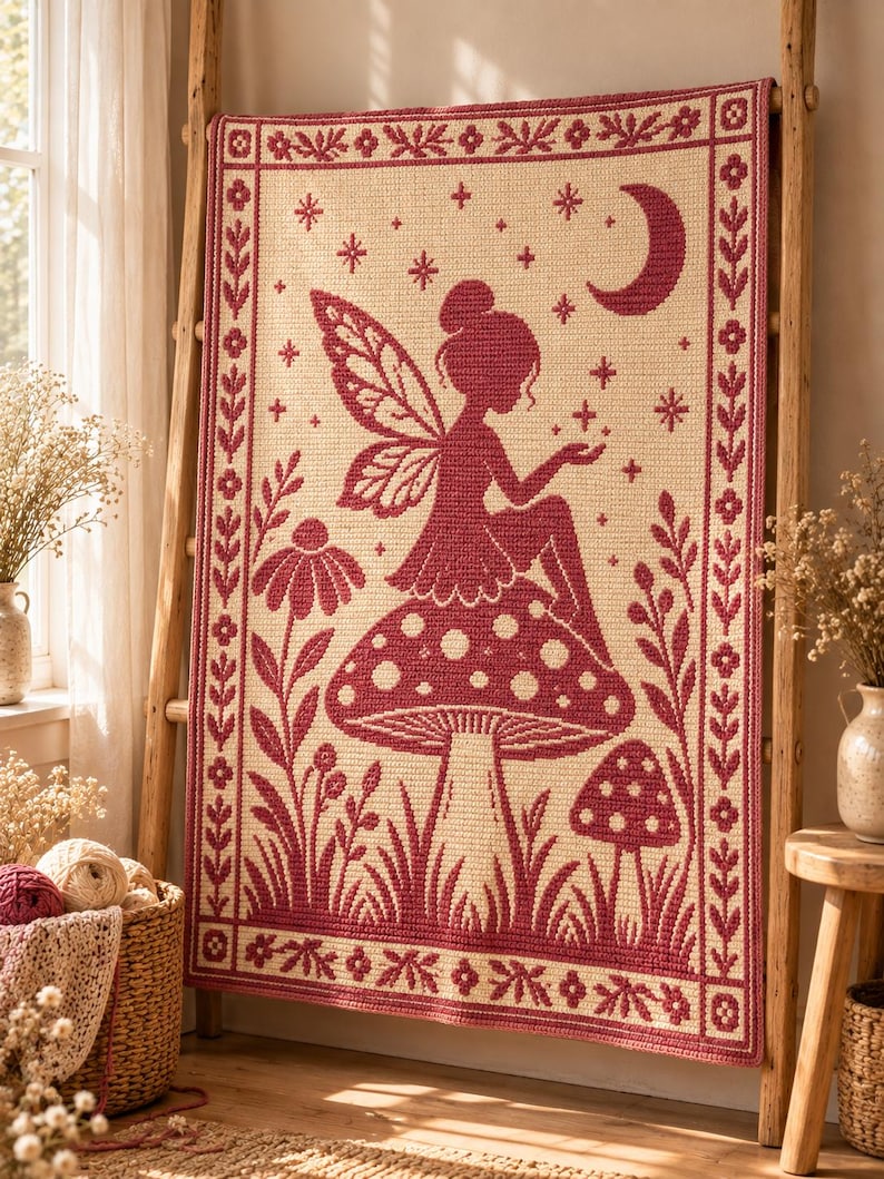 May include: A rectangular crochet blanket featuring a dark red and cream color scheme. The design depicts a fairy sitting on a large mushroom, surrounded by smaller mushrooms, flowers, and a crescent moon with stars, all within a floral border.