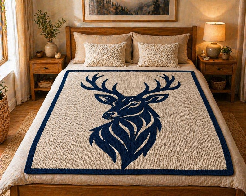 May include: A beige and navy blue knitted throw blanket featuring a large navy blue deer silhouette. The blanket has a navy blue border and is displayed on a bed with matching pillows and wooden furniture. The overall theme is rustic and outdoorsy.