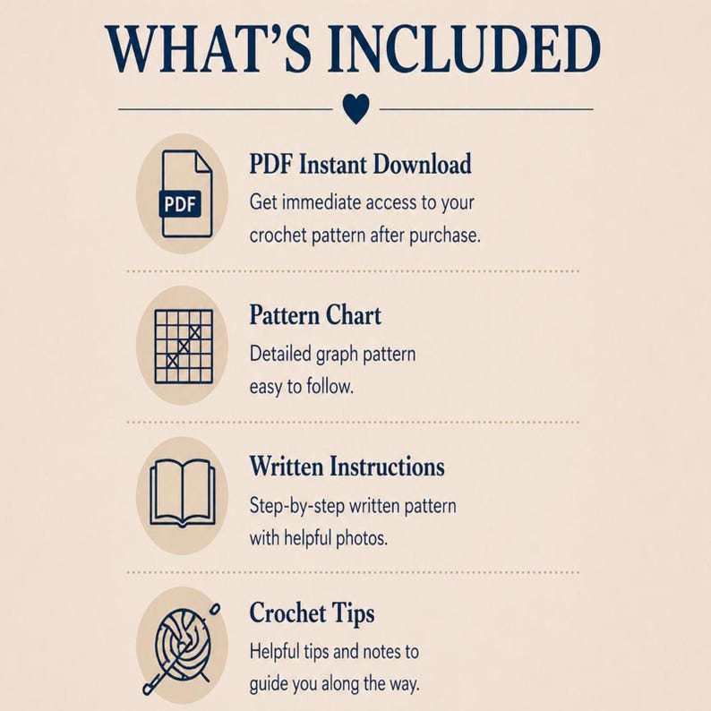 May include: A cream-colored graphic with the text "WHAT'S INCLUDED" in navy blue. The image lists a PDF instant download, pattern chart, written instructions, and crochet tips. Each item has a corresponding icon.