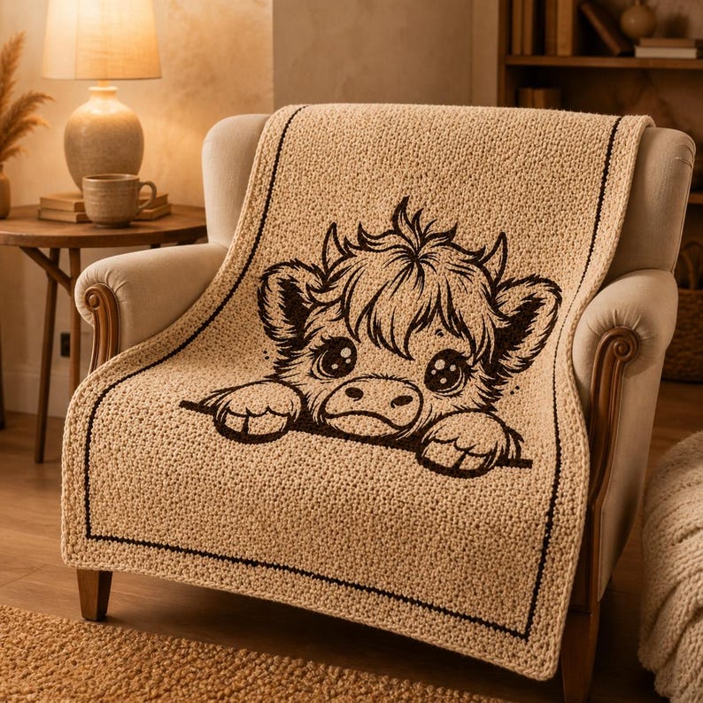May include: A beige throw blanket featuring a cartoon cow face design with a dark brown border. The blanket is draped over a cream armchair. The cow has large eyes and is peeking over the edge of the blanket.