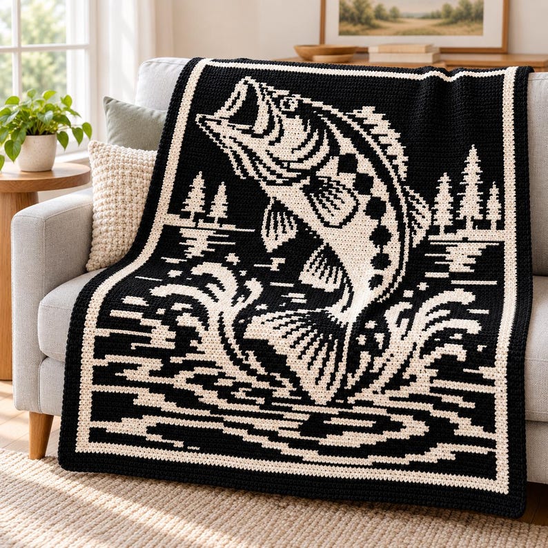 Bass Fish Mosaik Virkad filtmönster PDF | Vildvattenbas bild 3