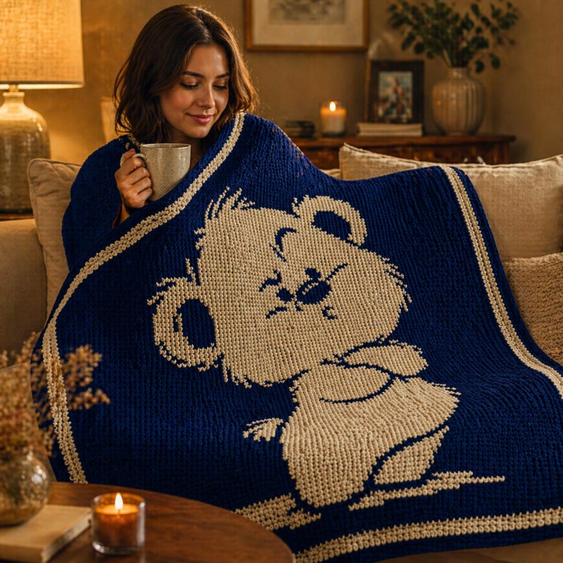 May include: A navy blue knitted blanket with a cream-coloured koala bear design. The blanket has a cream border and is draped over a person. This soft blanket is a warm home decor item, perfect for snuggling up on the sofa.