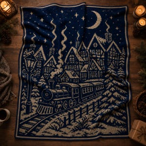 May include: A navy blue and cream knit throw blanket featuring a winter village scene with a steam train on tracks, houses with smoking chimneys, a crescent moon, and stars. The design includes a street lamp and pine trees in a snowy landscape.