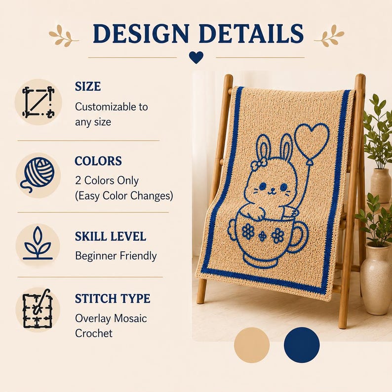 May include: A beige and blue crochet blanket with a bunny design holding a heart-shaped balloon. The blanket is displayed on a wooden rack. Text on the image reads "DESIGN DETAILS", "SIZE", "COLORS", "SKILL LEVEL", and "STITCH TYPE".