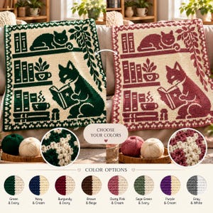 May include: A rectangular crochet blanket featuring a repeating pattern of cats, bookshelves, potted plants, and mugs. The design includes text that reads CHOOSE YOUR COLORS and COLOR OPTIONS. The blanket is available in various two-tone color combinations.