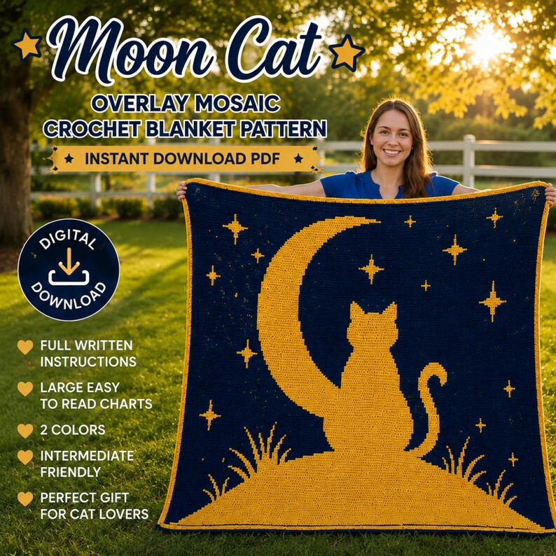 May include: A navy blue and yellow crochet blanket featuring a cat silhouette sitting on a hill with a crescent moon and stars. The blanket is a mosaic crochet pattern. The text on the image says "Moon Cat" and "Instant Download PDF".