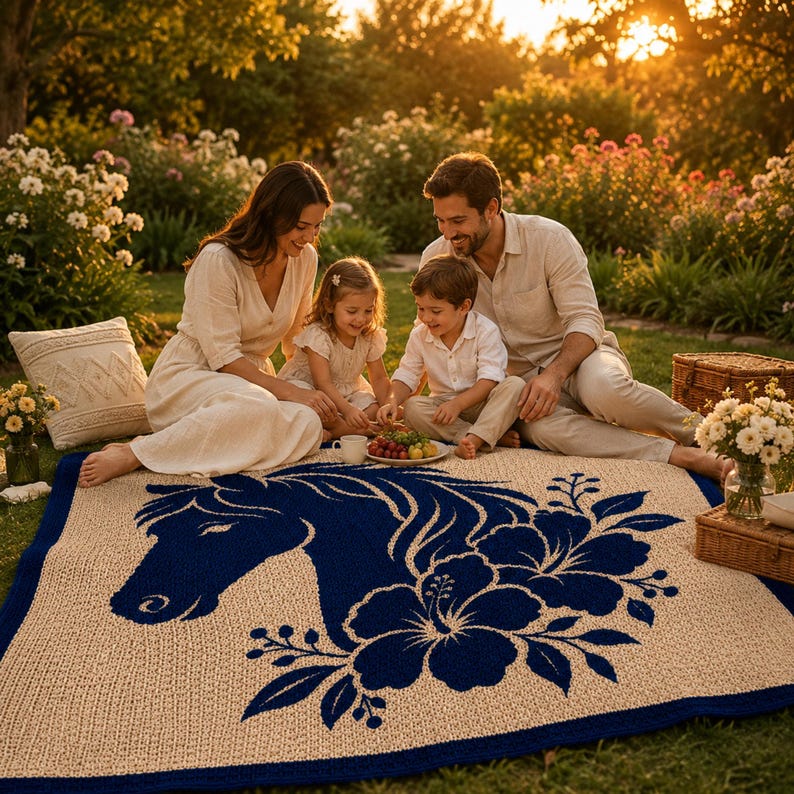 May include: A beige and navy blue picnic blanket with a horse head and floral design. The blanket is rectangular and has a navy blue border. The horse head and flowers are navy blue. The blanket is on the grass.