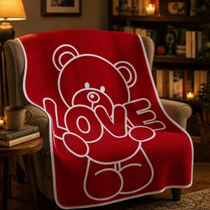 May include: A red throw blanket with a white outline of a teddy bear and the word "LOVE". The blanket is draped over a chair in a cozy living room setting. The blanket has a white border.