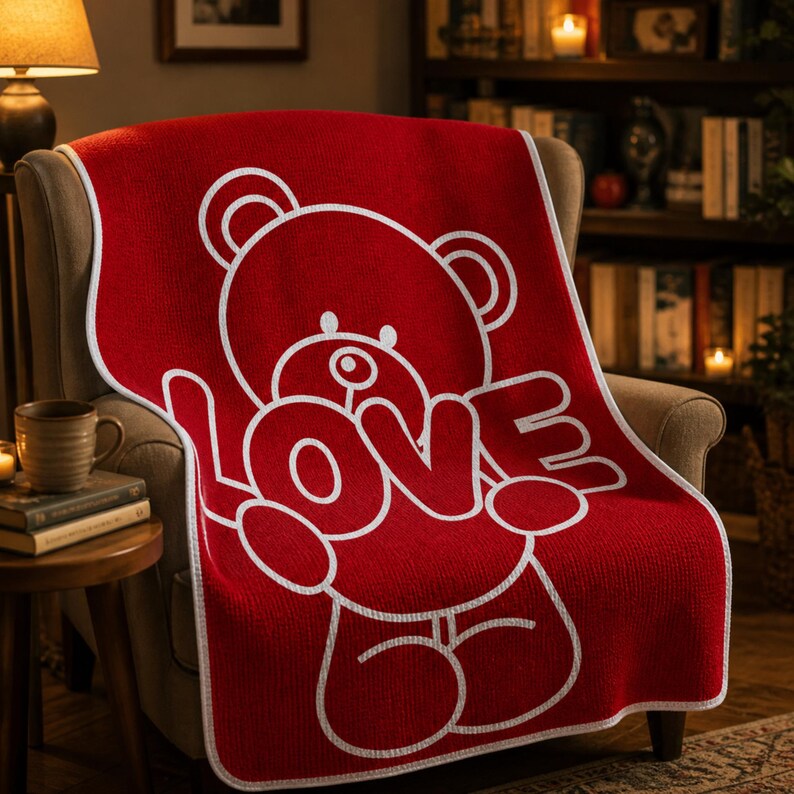 May include: A red throw blanket with a white outline of a teddy bear and the word "LOVE". The blanket is draped over a chair in a cozy living room setting. The blanket has a white border.