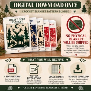 May include: A digital crochet blanket pattern bundle featuring five cards with forest, deer, and holiday designs. Text includes DIGITAL DOWNLOAD ONLY, FOREST DEER BLANKET, and NO PHYSICAL BLANKET WILL BE SHIPPED. Icons represent PDF files, written instructions, color charts, and instant downloads.