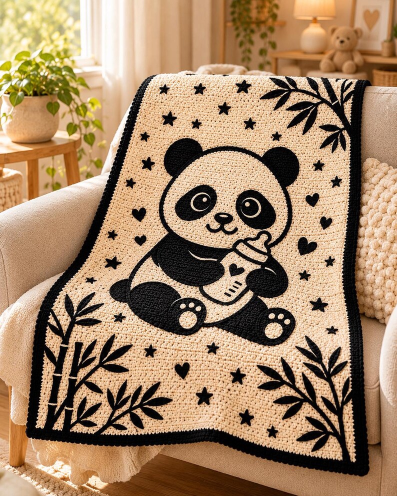 May include: A cream-colored crochet blanket featuring a large black panda bear holding a baby bottle. The design includes black bamboo stalks in the corners, scattered black stars, and small heart shapes across the surface, finished with a black border.
