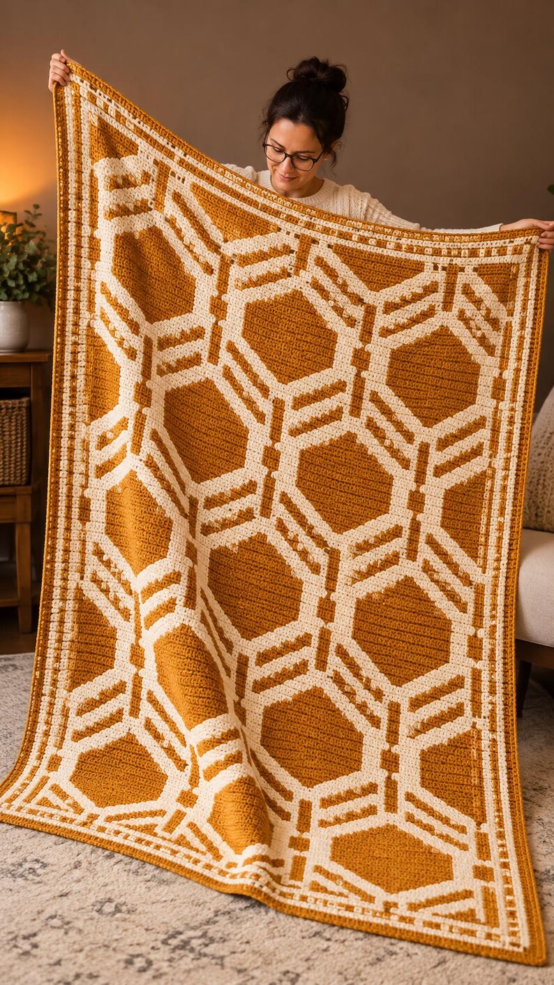 May include: A rectangular crochet blanket featuring a repeating geometric pattern of mustard yellow and cream white hexagons. The design includes a thick, textured border with a repeating square motif framing the central honeycomb structure.