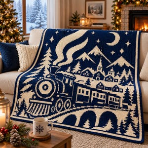 Christmas Crochet Blanket Pattern Bundle, 3 Overlay Mosaic PDFs, Snowman Reindeer Steam Train, Holiday Afghan, Instant Download image 3