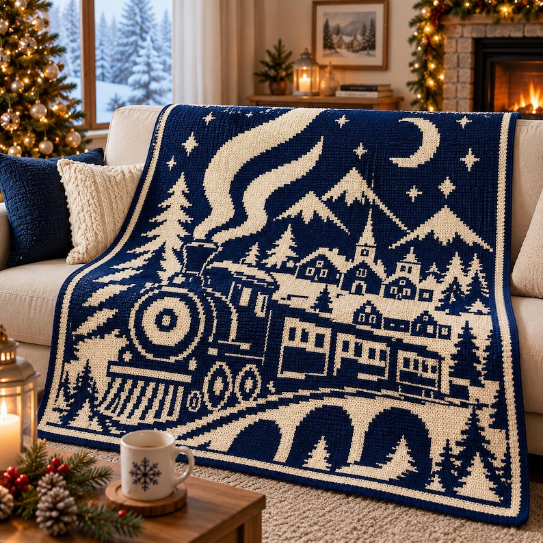 Christmas Crochet Blanket Pattern Bundle, 3 Overlay Mosaic PDFs, Snowman Reindeer Steam Train, Holiday Afghan, Instant Download image 3