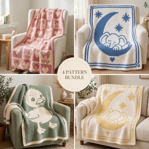 Häkelanleitungsset für Babydecken, 4 Mosaik-Häkel-PDFs, Teddybär, schlafender Bär, Ente, Elefant, Geschenk für Kinderzimmer und Babyparty