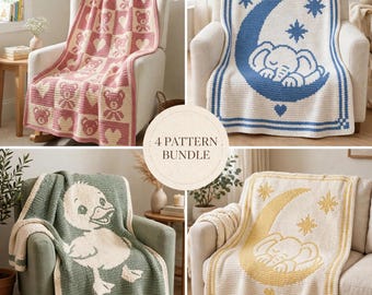 Baby Blanket Crochet Pattern Bundle, 4 Mosaic Crochet PDFs, Teddy Bear Sleeping Bear Duck Elephant, Nursery Baby Shower Gift