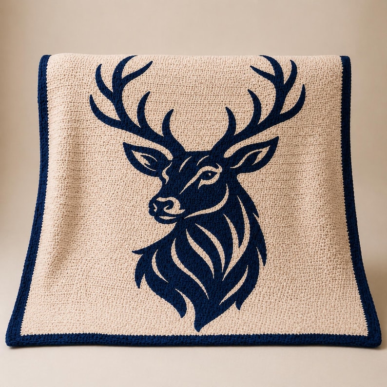 May include: A cream-colored crocheted blanket with a navy blue deer head design. The blanket has a navy blue border. The deer head is a silhouette with detailed antlers and facial features. The blanket is folded over a surface.