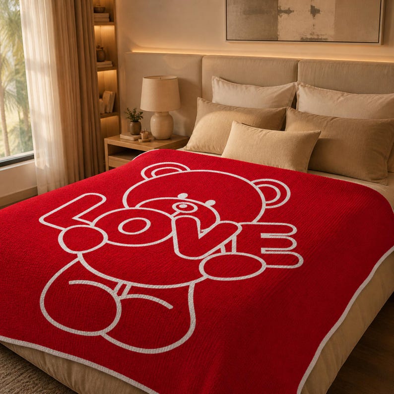 May include: A red blanket with a white outline of a teddy bear holding the word "LOVE". The blanket is on a bed with beige pillows and a neutral-toned headboard. The blanket has a white border.