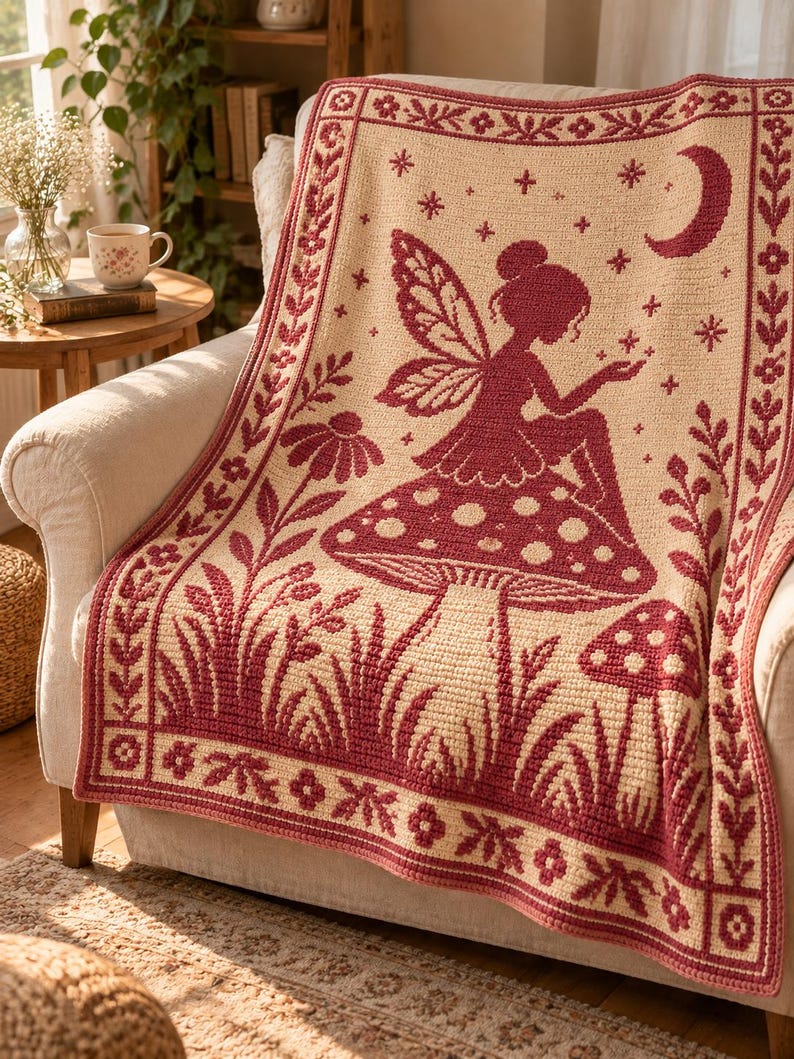 May include: A cream-colored crochet blanket featuring a dark red pattern of a fairy sitting on a large mushroom, surrounded by smaller mushrooms, flowers, and a crescent moon with stars, all enclosed within a decorative floral border.