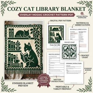 May include: A digital crochet pattern titled Cozy Cat Library Blanket featuring a dark green and cream design of cats, books, and plants. The set includes a finished blanket preview, a crochet chart, written instructions, and a materials list.