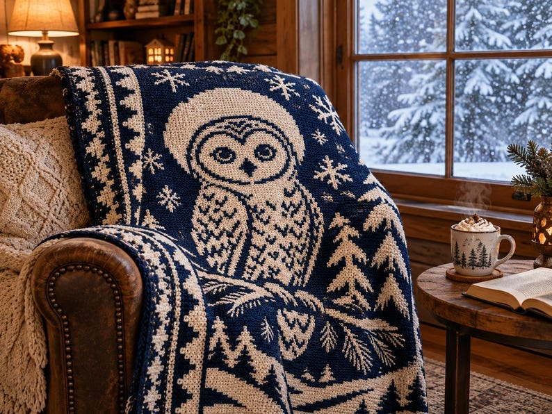 May include: A navy blue and cream-colored knit throw blanket featuring a large owl wearing a hat, surrounded by snowflake and pine tree patterns. The blanket is draped over a brown leather chair, showcasing a detailed winter-themed design.