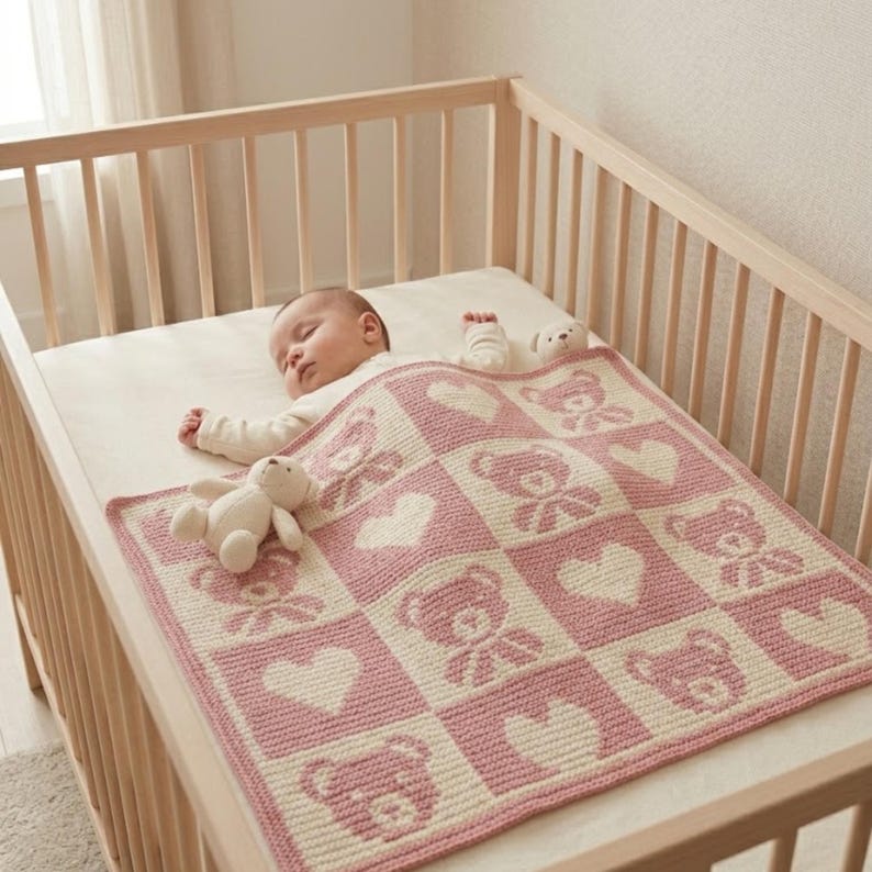 May include: A sleeping baby in a wooden crib, covered with a pink and cream-colored knitted blanket. The blanket features a repeating pattern of teddy bears and hearts. A stuffed bear and a pair of socks are also in the crib.